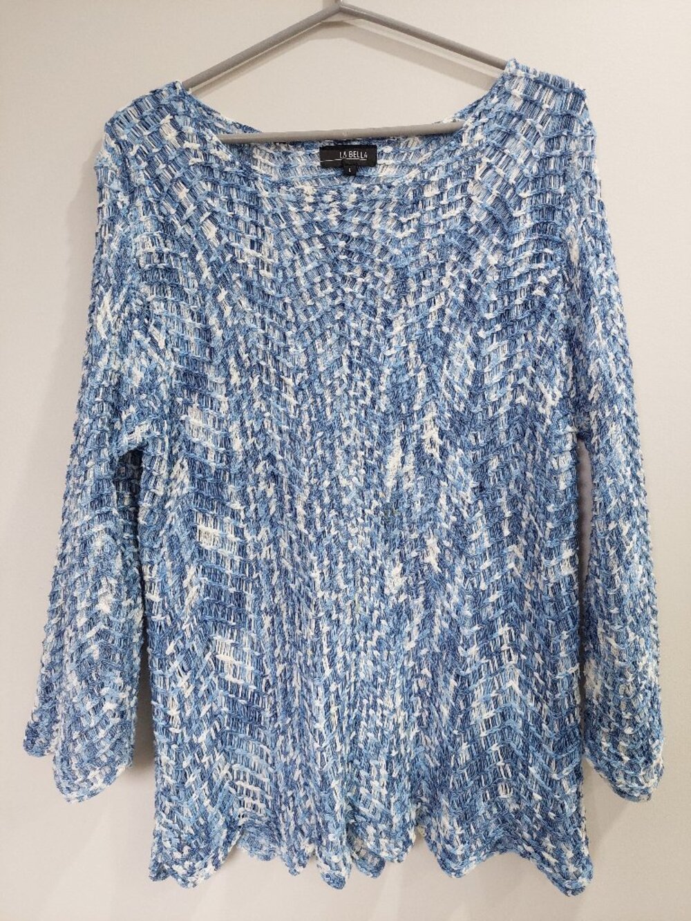 La Bella Women's L Blue White Open-knit Sweater with a boat neck